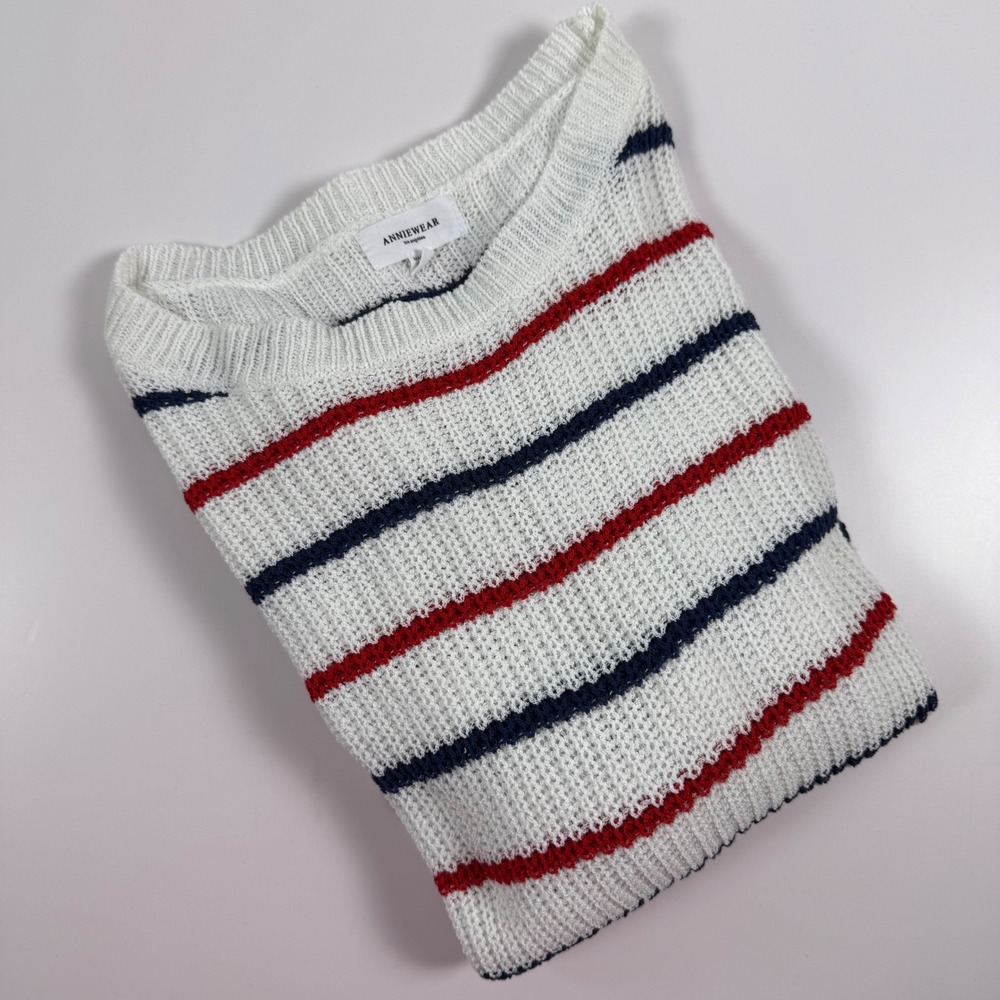 ANNIEWEAR Los Angeles Striped Sweater Womens XL White Red Blue Knit Top